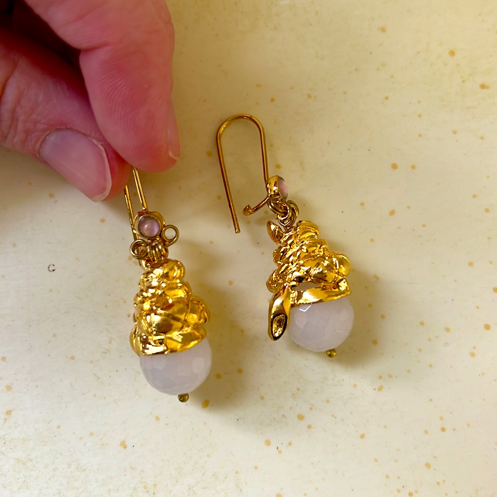 Gold Snake On Pink Quartz Earring